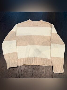American Eagle Outfitters Cream and Beige Striped Crewneck Sweater